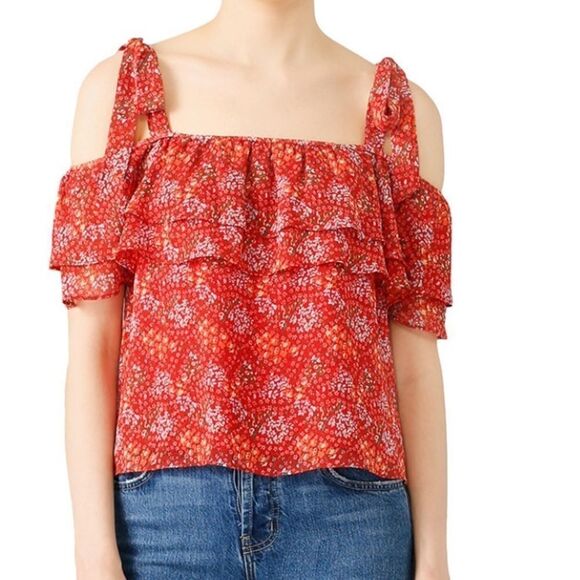 Rebecca Minkoff Red Floral Jamie Top Off Shoulders - Picture 12 of 16